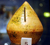 Medieval money-box displayed in the Museum of London; 
photo © S. Alsford