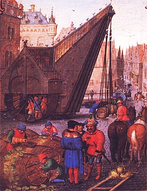 crane unloading wine barrels, by Simon Bening