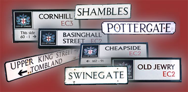 Street signs from London, York and Norwich; photo © S. Alsford